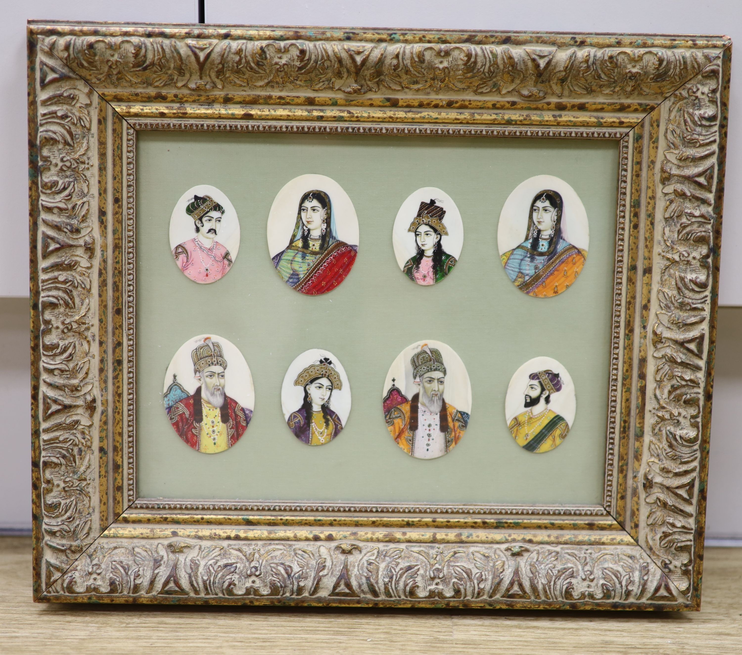 A framed group of 8 Persian miniatures on ivory, largest 6 x 4.5cm.